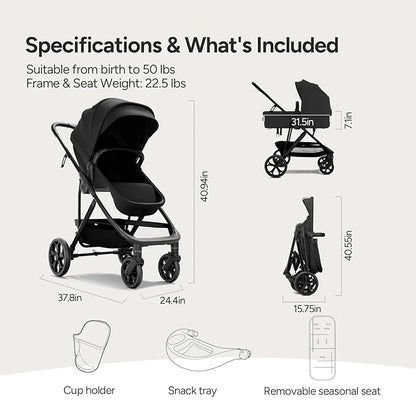 Mompush Wiz Pro 2-in-1 Baby Stroller, Full-Size All-Terrain Premium Stroller with Newborn Mode and Reversible Seat, Snack Tray Included, Large UPF 50+ Canopy & Storage Basket