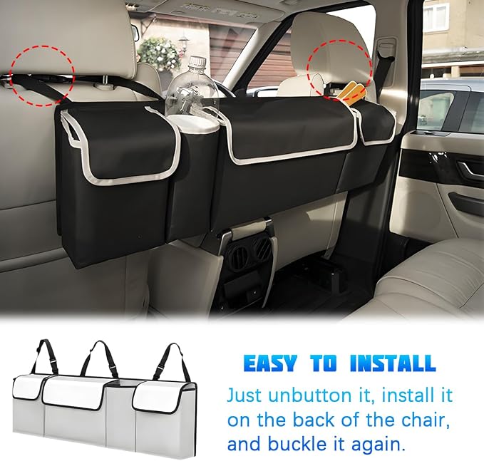 Car Trunk Organizer with Lid, Large Waterproof Vehicle Backseat Hanging Storage Bag with 4 Pockets & Adjustable Straps, Collapsible Automotive Interior Cargo Bag, Universal Fit (White/Grey)