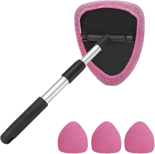 Windshield Cleaning Tool, Car Window Cleaner with Extendable Long Handle and 4 Washable Reusable Microfiber Pads, Auto Interior Exterior Glass Wiper Cleaning Kit Universal for Office and Home (Pink)