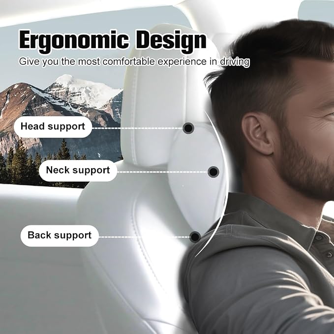 HOPON 2025 Upgrade Headrest Pillow for Tesla Model 3 Model Y with Adjustable Strap,Fits All Vehicles,Car Neck Pillow with Leather,for Head,Neck,Shoulders,Multipurpose,Car Accessories 1 Pack (White)