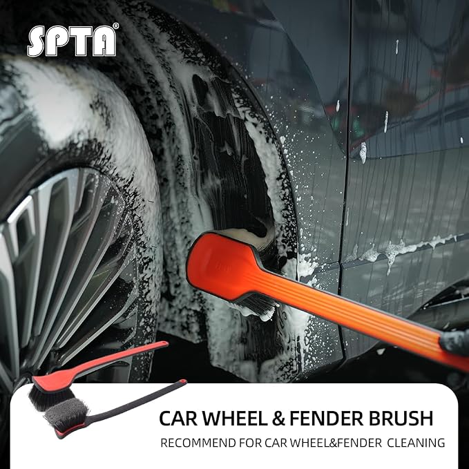 Fender Well Brush, 2Pcs Wheel Wells Cleaning Brush, Stiff Synthetic Bristles,Ergonomic Design Handle, Scrub Brush for Floor Mats, Car Wheel Hub Cleaning, Car Interior, Home Soft Flagged-Tip Bristles