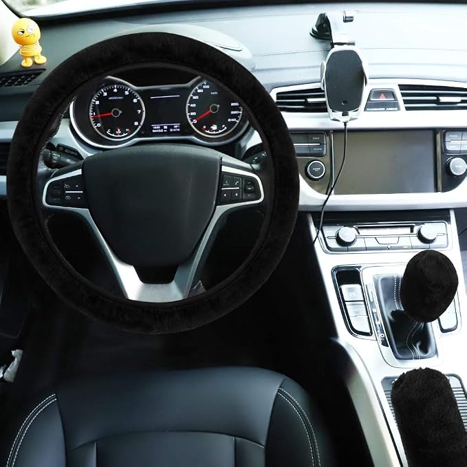 Fluffy Steering Wheel Cover for Women Girls, Accmor Universal Fit 15 inch Fur Car Wheel Cover & Handbrake Cover & Gear Shift Cover Set, Fashion Winter Warm Fuzzy Vehicle Wheel Protector (Black)