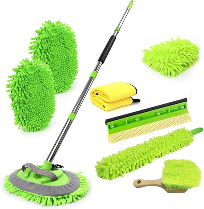 62'' Car Wash Brush Cleaning Kits with Long Handle Foldable Car Wash Brush Windshield Window Squeegee Car Washing Supply Set for All Car