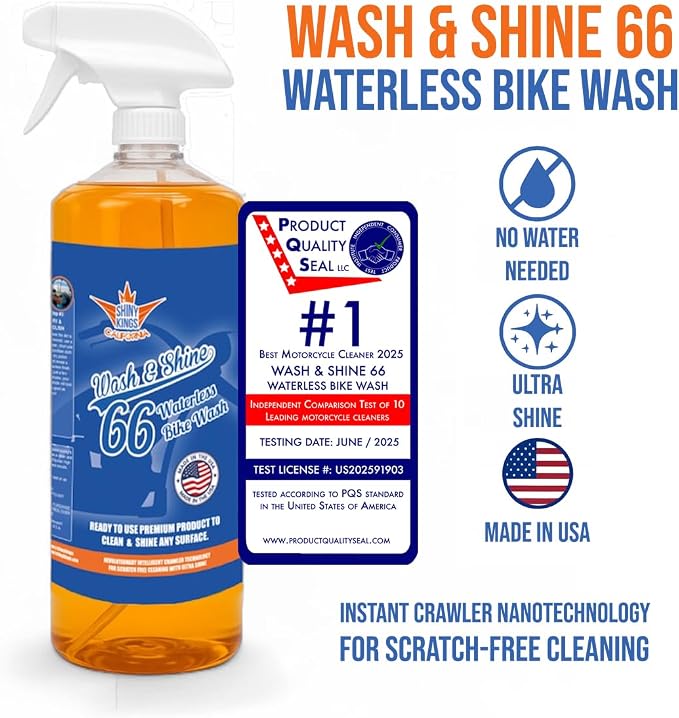 Shinykings California Wash&Shine 66 | WATERLESS Motorcycle Cleaner | Motorcycle and Car Wash&Wax | All Surfaces | Bike Polish | Chrome Cleaner | Multipurpose Detail Spray (32 fl.oz Orange)
