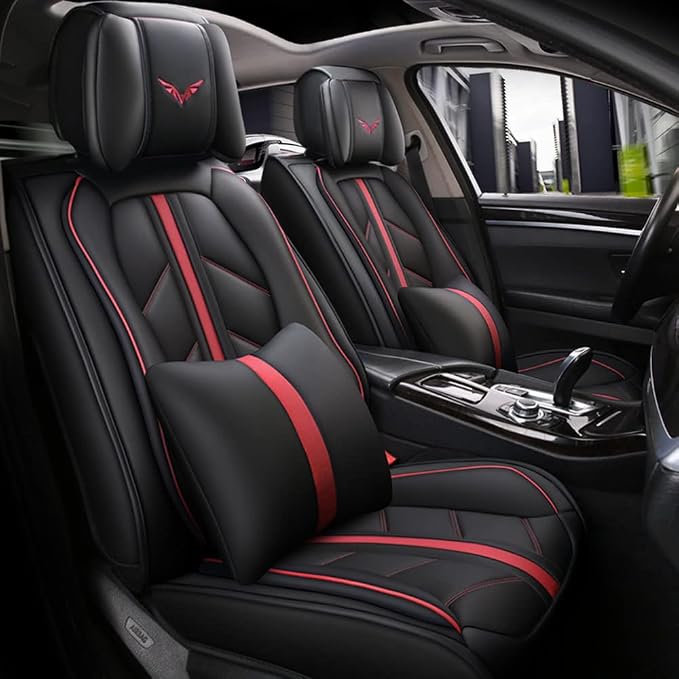 otoez Car Seat Covers Full Set Luxury Leather Automotive Interior Seat Covers, Waterproof Non-Slip Front & Rear Seat Cushion Protector Universal Fit Most Car Sedan Truck SUV (Black, with Pillows)