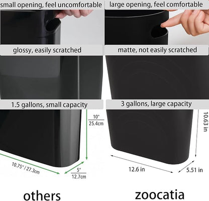 zoocatia Small Trash Can Garbage Can Container Bin with Handles 3 Gallons Plastic Wastebasket for Bathrooom, Bedroom, Office, Kitchen, Laudry Room, Dorm Room - Black + Grey