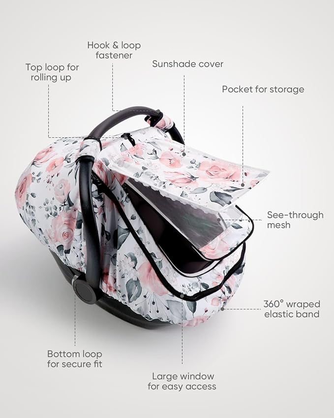 Car Seat Cover Baby Girls, Infant Car Seat Canopy Outdoor, 2 Layers with Mesh and Sun Shade Window for Summer Winter, Easy Access Carseat Covers Snug Fit Baby Stroller - Pink Floral