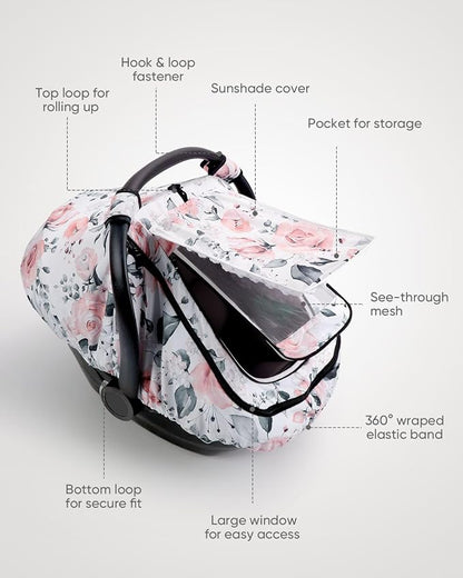 Car Seat Cover Baby Girls, Infant Car Seat Canopy Outdoor, 2 Layers with Mesh and Sun Shade Window for Summer Winter, Easy Access Carseat Covers Snug Fit Baby Stroller - Pink Floral