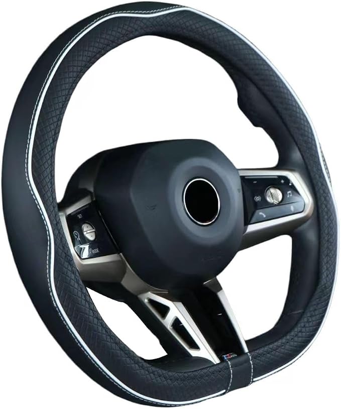 Mayco Bell Flat Bottom Steering Wheel Cover Anti-Slip,Safety,Soft,Breathable,Durable,Full Surround,Comfortable Grip Microfiber Leather (D Shape, Black White)