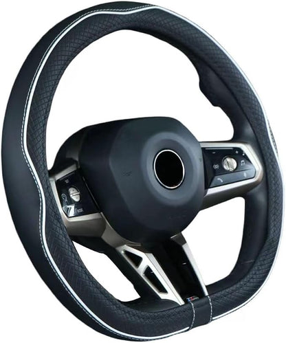Mayco Bell Flat Bottom Steering Wheel Cover Anti-Slip,Safety,Soft,Breathable,Durable,Full Surround,Comfortable Grip Microfiber Leather (D Shape, Black White)