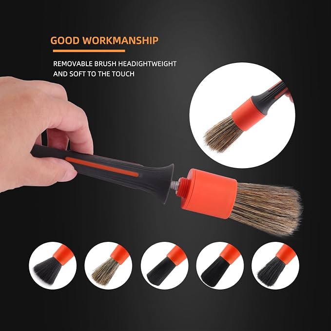 SPTA Car Detailing Brush Set, 5 Pack V2.0 Soft Boar Hair Auto Detail Brush Kit with Drill Adapter, for Automotive Interior Exterior Dashboard Engine Bay Seat Leather, Can be Used in Electric Drills