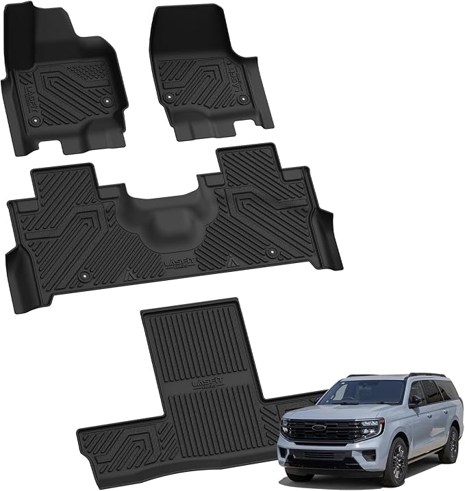 LASFIT Floor Mats for 2025 2026 2027 Ford Expedition 7 Seats Max(Not Fit 8 Seats Standard), All Weather Protector TPE Easy Clean Car Floor Liner, 1st & 2nd & 3rd Row, 4pcs Black