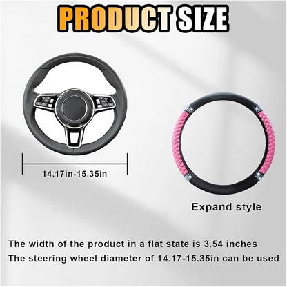Bling Soft Leather Steering Wheel Cover, 15 Inch Colorful Rhinestones Auto Elastic Protector with Crystal Diamond for Women Girls, Car Accessories for Most Cars, SUVs (Pink)