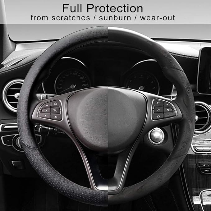 COFIT Breathable Car Steering Wheel Cover 15 inch Auto Universal Leather Wrap Non-Slip Steeringwheel Protector Automotive Interior Accessories, Black (Suit for 14 1/2-15 inch)
