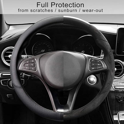 COFIT Breathable Car Steering Wheel Cover 15 inch Auto Universal Leather Wrap Non-Slip Steeringwheel Protector Automotive Interior Accessories, Black (Suit for 14 1/2-15 inch)