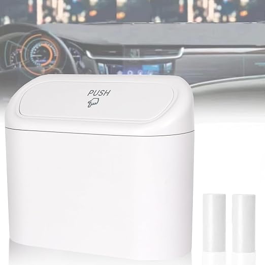 Mini Car Bin with Lid and 2 Trash Bags - White, Cute Car Accessory for Storage and Organization, Small Trash Can for Kitchen, Bedroom and Office