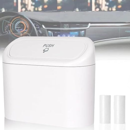 Mini Car Bin with Lid and 2 Trash Bags - White, Cute Car Accessory for Storage and Organization, Small Trash Can for Kitchen, Bedroom and Office