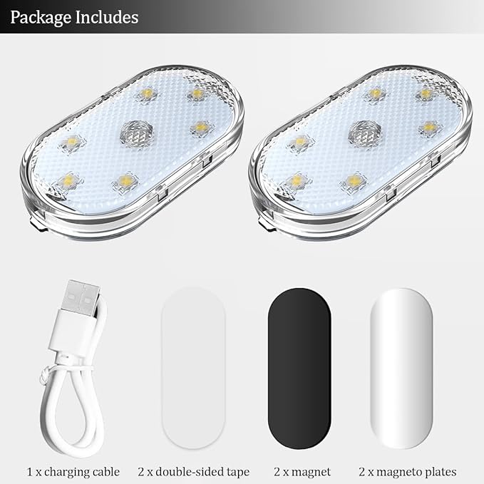 2 PCS Car Led Lights Interior,Ice Blue Ambient Lighting Car Interior,USB Rechargeable Car Interior Reading Light,Portable Led Lights for Car