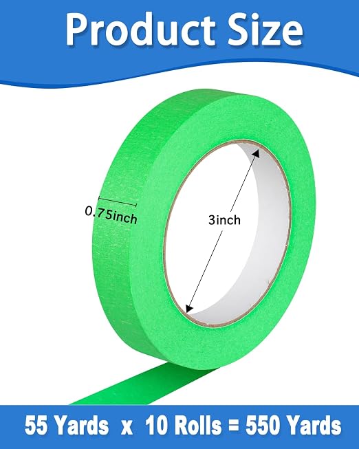 GEYYANG Automotive Masking Tape - Heat Resistant Green Painters Tape for Auto Body Spray Painting, Multi-Surface Painters Tape for DIY, Labeling, Art, Car, 0.75 inch x 55 Yards, 10 Rolls