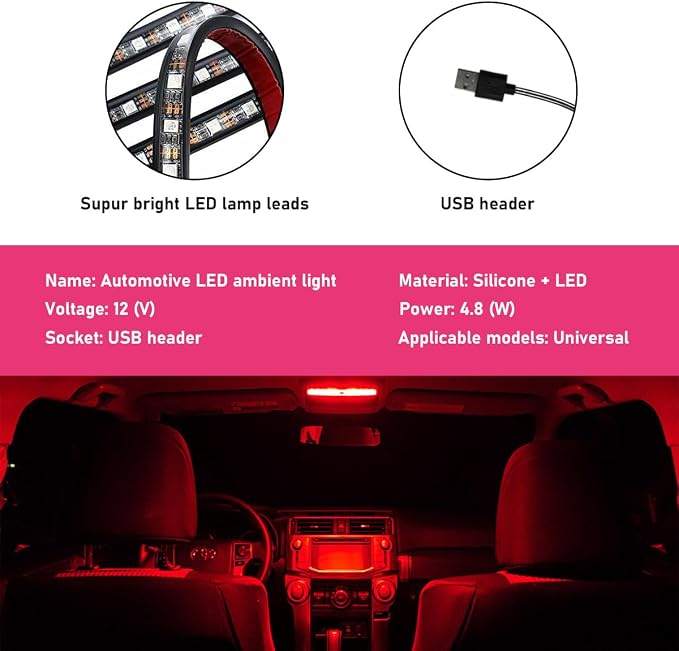 Car LED Strip Light, 24 LEDs RGB Neon Interior Atmosphere Lights, 12V Under Dash Ambient Night Light, USB Port Auto Interior Decorative Lamp, Universal Car Accessories (Red)