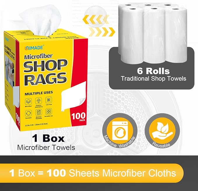 UNIMADE Shop Rags, 100 Sheets Microfiber Cleaning Cloth Commercial Grade Washcloths Lint-Free Bulk Shops Towels for Cars Mechanic Restaurant Garage Housekeeping, 11"x 9", White