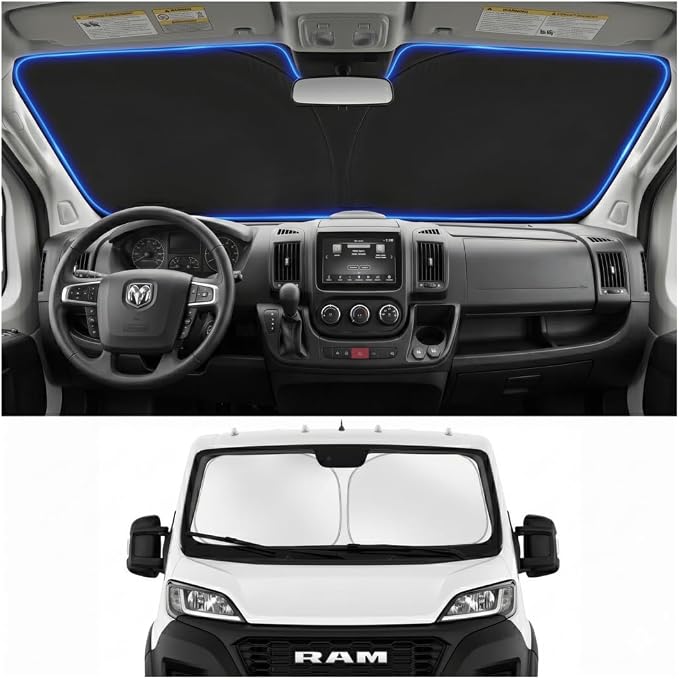 Custom Fit Windshield Sun Shade for Dodge RAM ProMaster 2014-2026 | Custom Fit Windshield Cover, Blocks UV Rays, Double-Layer Heat Shield, Durable Frame, Easy Fold & Storage