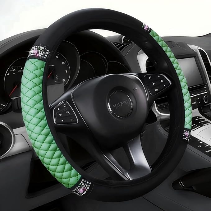 Soft Leather Car Steering Wheel Cover, Universal 15 Inch Colorful Rhinestones Anti-Slip Elastic Steering Wheel Covers for Most Cars, Sparkly Crystal Diamond for Women Girls (Green)