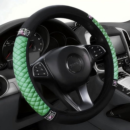 Soft Leather Car Steering Wheel Cover, Universal 15 Inch Colorful Rhinestones Anti-Slip Elastic Steering Wheel Covers for Most Cars, Sparkly Crystal Diamond for Women Girls (Green)