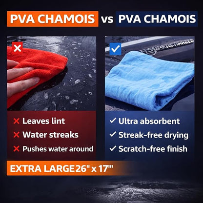 R.A. Car Drying Chamois 2-Pack (26x17in) - Ultra-Absorbent PVA Microfiber Towels for Cars - Streak-Free, Scratch-Resistant Cleaning with Storage Case - Essential Car Wash Kit Accessory