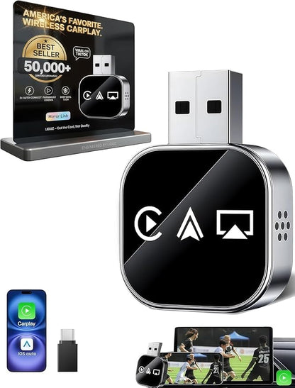 Screen Mirroring Adapter for Car Carplay 2026 Upgraded for iPhone& Android Auto,5.8g WiFi No-Lag Dongle,Wired to Wireless Converter with 4k Streaming,Fits 98% Cars (USB-A/C)