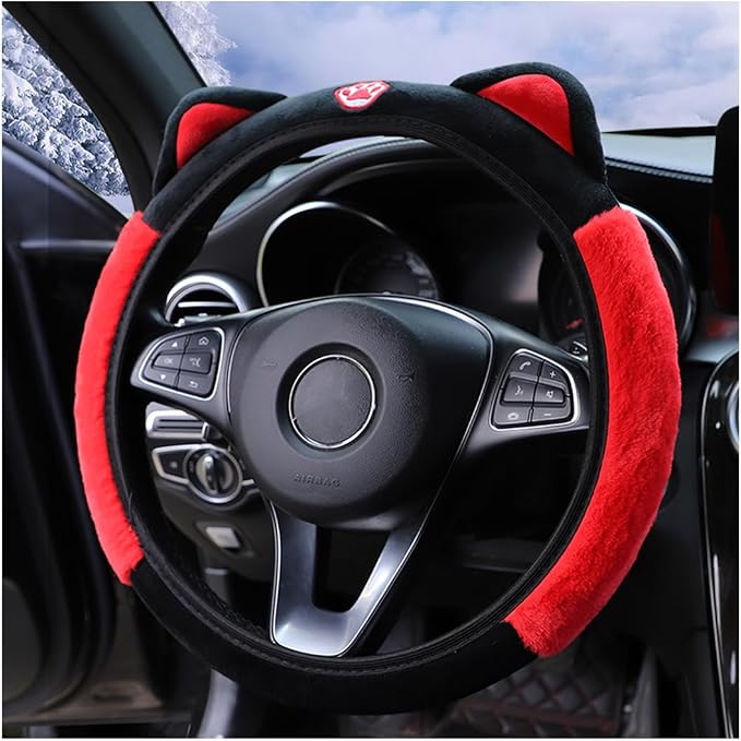 Bittwee Car Steering Wheel Cover, Fluffy Soft Plush for Winter Warm, Cute Steering Wheel Protector with Kitty Cat Ears, Universal 15 Inch, Elastic & Anti-Slip, Lovely Decor Car Accessories (Black/Red)
