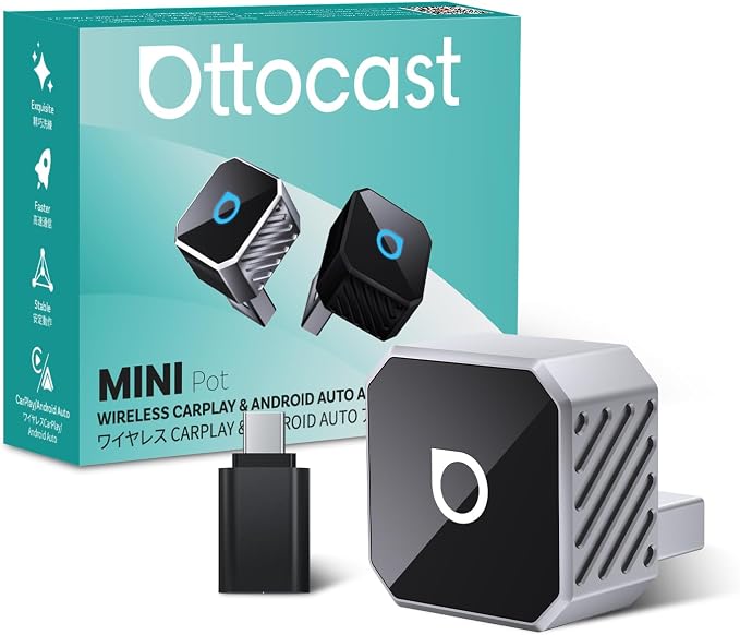 OTTOCAST Mini 3.0 Silver 2-in-1 Wireless CarPlay & Android Auto Adapter – Plug & Play for iPhone/Android, Dual-Phone Memory, Dual-Band WiFi (2.4/5GHz), Auto-Reconnect