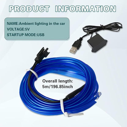 EL Wire Interior Car LED Strip Lights, 16.5FT USB Neon Glowing Strobing El Wire Lights with 6mm Sewing Edge, Ambient Lighting Kits Universal Car Interior Accessories for Most Car (Blue)