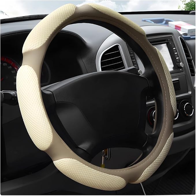 Car Steering Wheel Cover, 15" Anti-Slip Steering Wheel Protector Soft Hand Pad Cushion, Breathable Ice Silk Auto Wheel Wraps Comfy Grip All-Season Protector for Most Vehicles (Beige)
