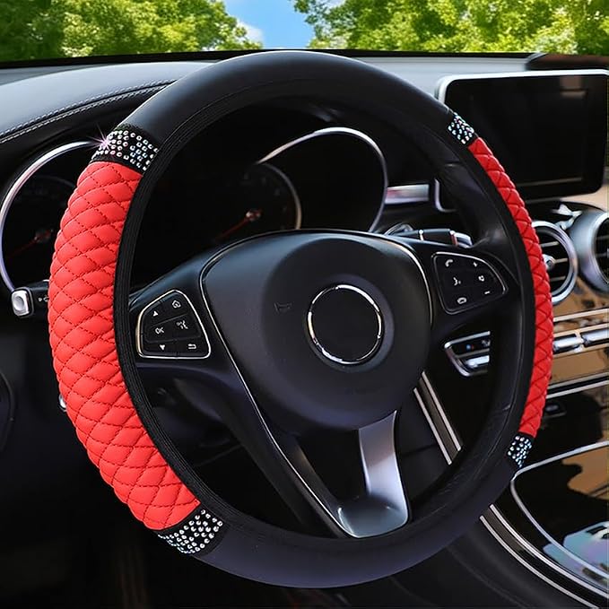 Microfiber Leather Steering Wheel Cover with Anti-Slip Lining Universal Car Accessory for Steering Wheel with a Diameter of 14.5-15 inch (Red)