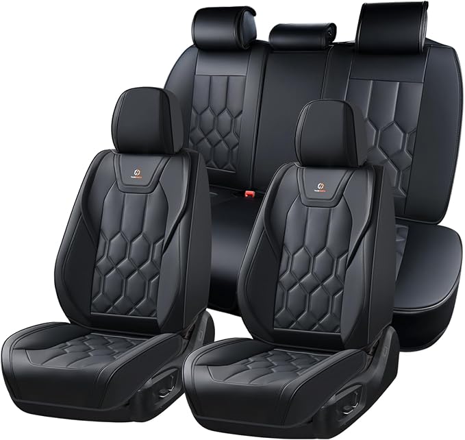Huidasource Seat Covers Full Set, Universal Fit for Most Cars SUVs Trucks, Full Coverage Leather Car Seat Cover, Airbag, Cupholder Compatible, Seat Function Retain, Velcro Adjustable, Black