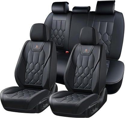 Huidasource Seat Covers Full Set, Universal Fit for Most Cars SUVs Trucks, Full Coverage Leather Car Seat Cover, Airbag, Cupholder Compatible, Seat Function Retain, Velcro Adjustable, Black