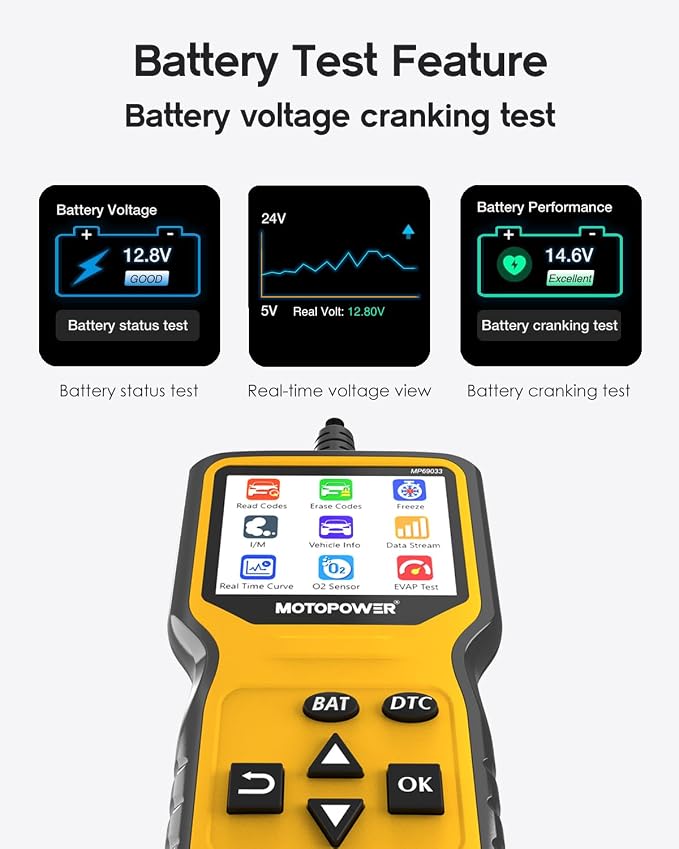 MOTOPOWER MP69033 Pro OBD2 Scanner Code Reader Check Engine Fault Light Diagnostic Scan Tool with Battery Tester