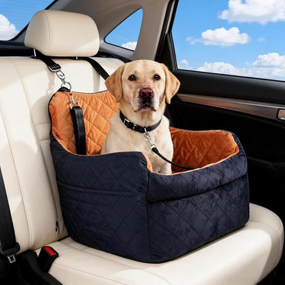 Elevated Dog Car Seat for Small Dogs – Luxurious Dutch Suede Leather Pet Booster with Adjustable Safety Leash, Non-Slip Base, Washable Cover, Cozy Travel Bed for Pets up to 30 lbs
