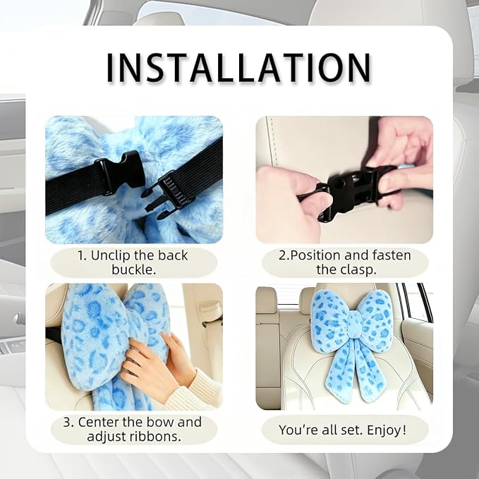 Sexysamba 2 Pcs Plush Bow Car Headrest Neck Pillow Cute Bow Pillow for Car Seat Décor Soft Neck Support for Comfortable Driving Traveling Office Fluffy Head Rest Cushion, Blue Leopard Print