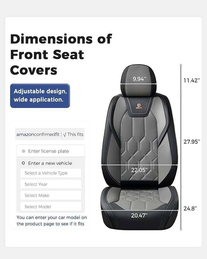 Huidasource Front Seat Covers, Universal Fit for Most Cars SUV Trucks, Full Coverage Leather Seat Cover, Airbag Compatble, Seat Function Retain, Storage Pocket Design, Easy to Install, Black & Gray