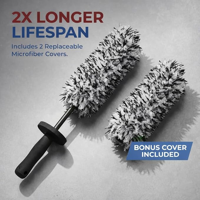 9PCS Pro Wheel & Tire Cleaning Kit - Flat Replaceable-Head Brush, Pocket Dual-Material Pads, Dual-Bristle Brushes, Boar Hair Detail Brush & Towel | Scratch-Free for All Vehicles