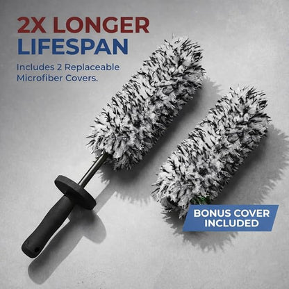9PCS Pro Wheel & Tire Cleaning Kit - Flat Replaceable-Head Brush, Pocket Dual-Material Pads, Dual-Bristle Brushes, Boar Hair Detail Brush & Towel | Scratch-Free for All Vehicles