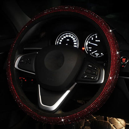 Car Bling Steering Wheel Cover for Women Girls Burgundy 15 Inch Universal Red Crystal Rhinestone Diamonds Bling Bling Accessories Anti-Slip Wheel Protector