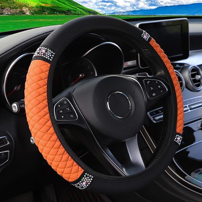 Microfiber Leather Steering Wheel Cover with Anti-Slip Lining Universal Car Accessory for Steering Wheel with a Diameter of 14.5-15 inch (Orange)