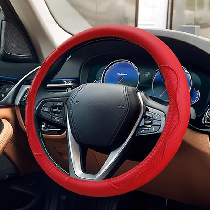 Car Steering Wheel Cover, 15 Inch Leather Anti-Slip Breathable Automotive Steering Wheel Protector, Universal Heat Resistant Vehicle Interior Accessories Cars, SUVs, Trucks(Red)