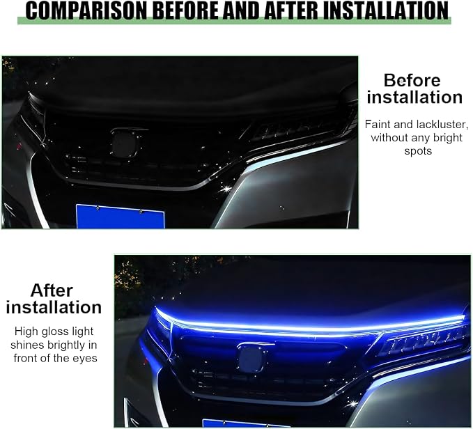 Car Hood Light Strip, 71 Inch Silicone Flexible Daytime Vehicle LED Running Lighting with Dynamic Scan Start Up Effect, Waterproof Auto Exterior Lamp Accessories, Universal Fit (Blue)