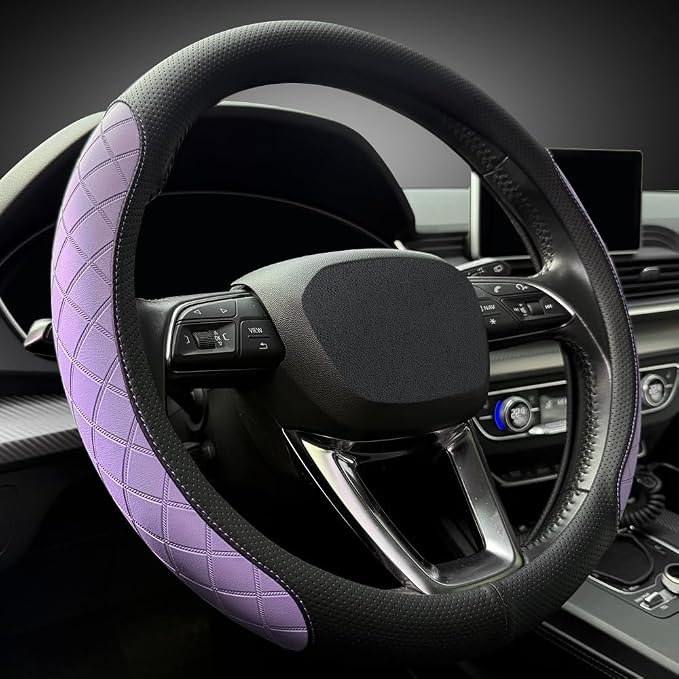 LKWLIKEI Nappa leather steering wheel cover,elegant diamond checkered design, non-slip wear-resistant, enhance driving comfort, suitable for steering wheel diameter 14 1/2‘-15’ models.Black and purple