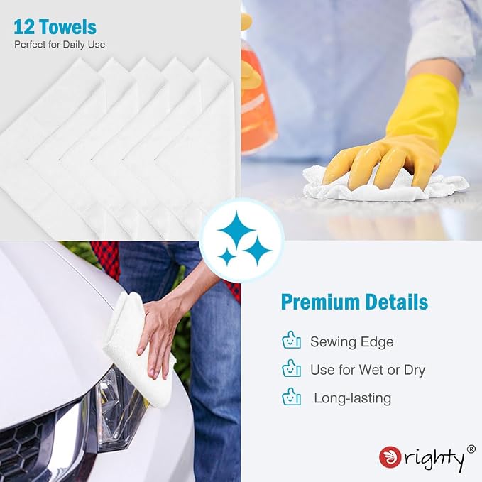 Orighty Microfiber Cleaning Cloth, 12 Pack Microfiber Towels for Cars, Highly Absorbent Car Cleaning Supplies, Lint Free Cloths Clean Rags for Car Care, House, Kitchen, 12x11 inch, White