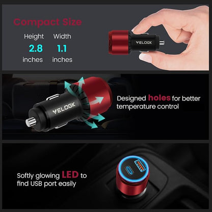 VELOGK Super Fast Type C Car Charger [73W Turbo], Fast Adaptive 55W 45W PPS/PD&QC3.0 USB C Car Adapter[Super Fast Charging 2.0]for Samsung S26/S25 Ultra/S24 Ultra/S23 Ultra/S22+/S21/S20, iPad Pro(Red)